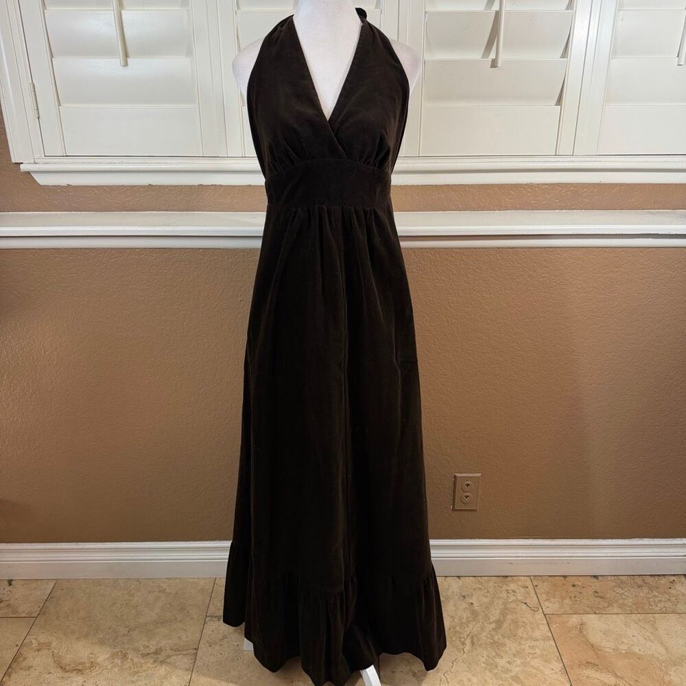 Vintage 70s Lanz Originals Brown Velvet Halter Maxi Dress Sz XS Boho Festival